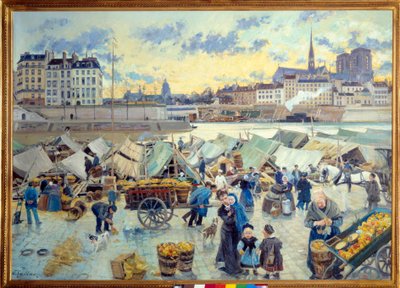 パリのオテル・ド・ヴィル広場のリンゴ市場。エミール・ギリエ（1849-1883）の絵画 作： Emile Antoine Guillier