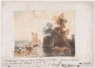 川とボートのある風景、1837 作： Emile Aubert Lessore