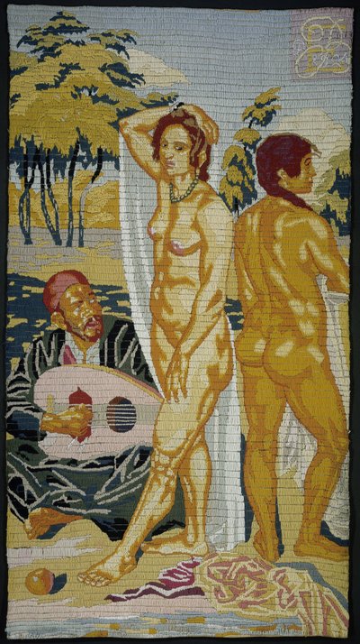 Geborduurd テーブル; 二人の入浴者 作： Emile Bernard