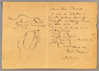 タヒチ、1890年代の「ヴィンセント」の死を記した3つのインクスケッチを含むエミールバーナードへの手紙 作： Emile Bernard