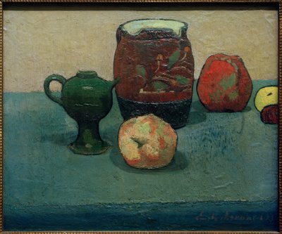 石の水差しとリンゴのある静物 作： Emile Bernard