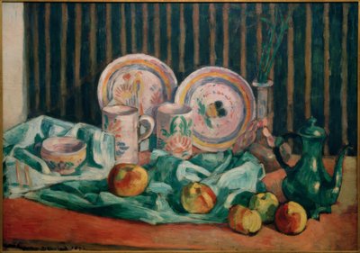 リンゴとブルトン陶器のある静物 作： Emile Bernard