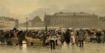 アントワープの劇場前の市場 作： Emile Claus