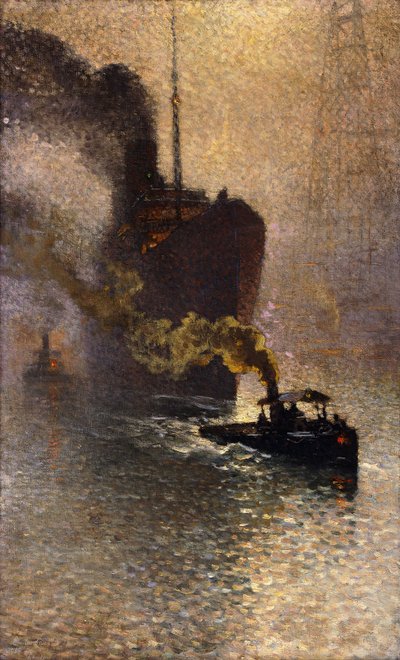 霧の中のテムズ川の牽引で。 1918年、テムズ川に連れて行かれたタミセダンルブルイヤールの護衛 作： Emile Claus