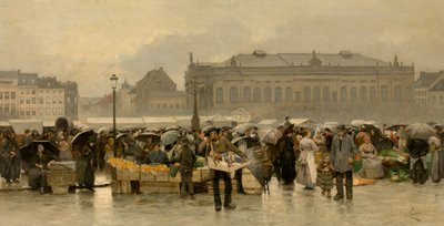 アントワープの劇場前の市場（油彩・キャンバス） 作： Emile Claus