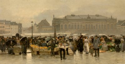 アントワープの劇場前の市場 作： Emile Claus