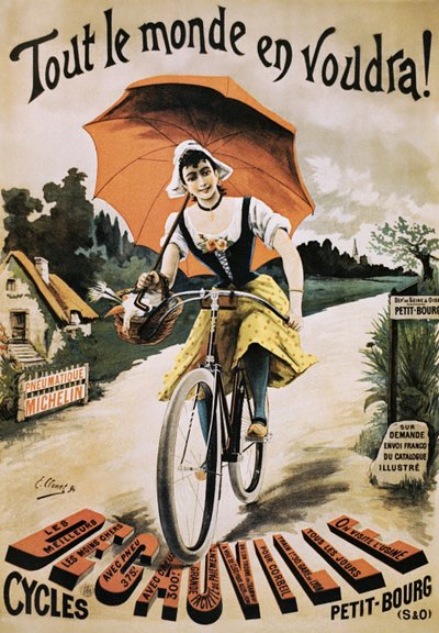 赤い傘を持って自転車に乗る女性のヴィンテージポスター 作： Emile Clouet