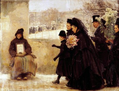 All Saints 墓地に行く喪服の家族が、アルモーンをしている老人にコインを渡す。エミール・フリアン（1863-1932）による絵画 1888年 日2,54x3,34 m ナンシー、ミュゼ・デ・ボザール 作： Emile Friant