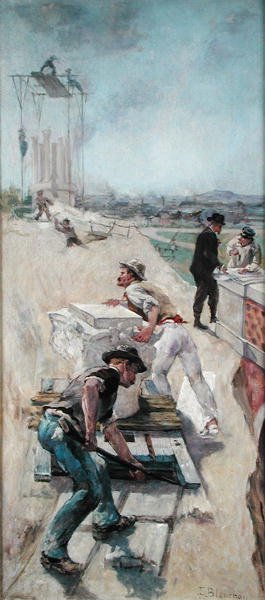 パリ、オテル ド ヴィルを建設する労働者 作： Emile Henri Blanchon