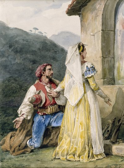 神社の前のイタリアの農民、1829年（紙の上でガムで高まった） 作： Emile Jean Horace Vernet