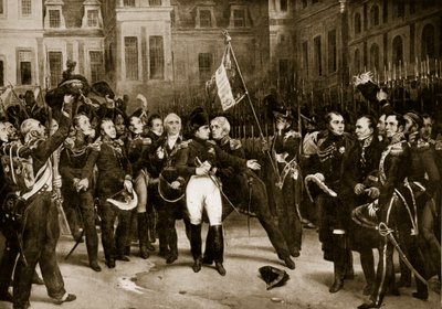 ナポレオンのフォンテンブロー大将への別れ、1814年、「ハッチンソンのイギリス国民の物語」、1923年頃のイラスト 作： Emile Jean Horace Vernet
