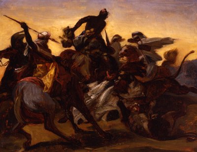 ライオン狩りのスケッチ、1836年頃（キャンバスに油彩、紙に油彩） 作： Emile Jean Horace Vernet
