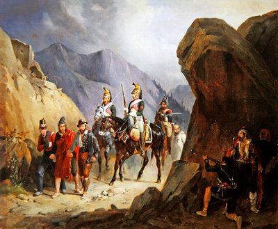 仲間を解放しようとする山賊たちの「待ち伏せ」（油彩・紙） 作： Emile Jean Horace Vernet