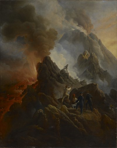 ベスビオ噴火、芸術家とその父、カール・ヴェルネ、フォアグラウンド。 1822 作： Emile Jean Horace Vernet