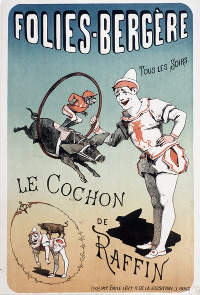 ショー：ラフィンの豚、フォリー・ベルジェールにて - レヴィのポスター、19世紀末。 作： Emile Levy