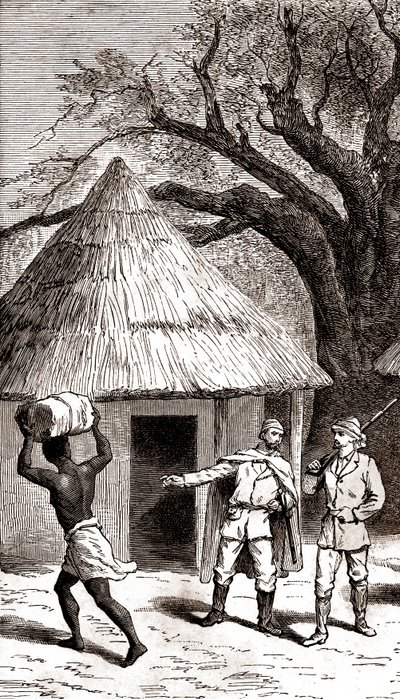 アフリカの小屋の前にいる探検家とポーターたち、1887年（エッチング） 作： 