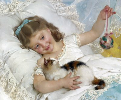 子供と猫 par Munier, Emile (1840-1895).油彩・キャンバス、サイズ：54,6x65,4、個人蔵 作： Emile Munier
