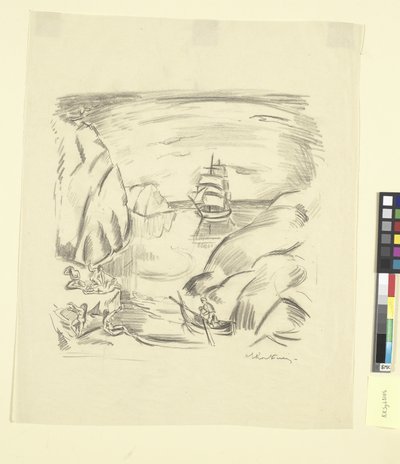 帆船と水浴びする女性がいる湾 作： Emile Othon Friesz