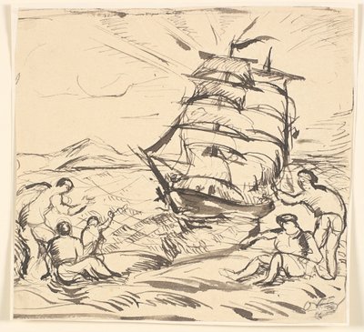 帆船と身振り手振りの人物がいる海岸の風景。 作： Emile Othon Friesz