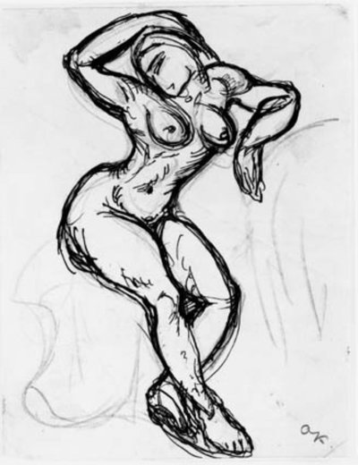 右腕を頭の上に置いた着席の女性モデル。 作： Emile Othon Friesz