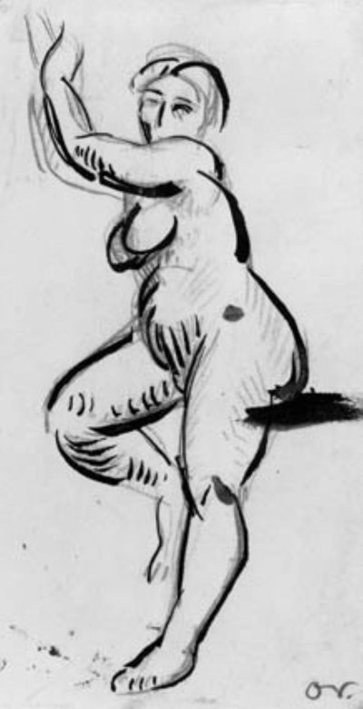 左を向いて立っている女性モデルで、両腕を頭上に上げています。 作： Emile Othon Friesz
