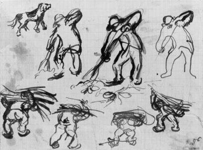 薪を掘り運ぶ男性のスケッチ7枚と犬のスケッチ。 作： Emile Othon Friesz