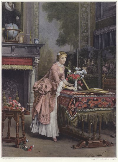 テーブルの上に花瓶を置く女性 作： Emile Pierre Metzmacher