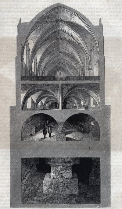 パリのナポレオン高等学校（現在のLycee Henri IV）の断面図。上から順に食堂、厨房、地下室、カタコンベとなっている。テロンのエングレーヴィング。ル・マガジン・ピクチャーズ」にて 作： Emile Theodore Therond