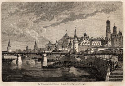 モスコワ川から撮影されたモスクワの全景。駐中国フランス公使M.de Bourboulonの1859年から1862年までの上海からモスクワまでの旅を説明するためにTherondが描いたもの。エドゥアール・シャルトン編『Le tour du monde』に掲載された図版 作： Emile Theodore Therond