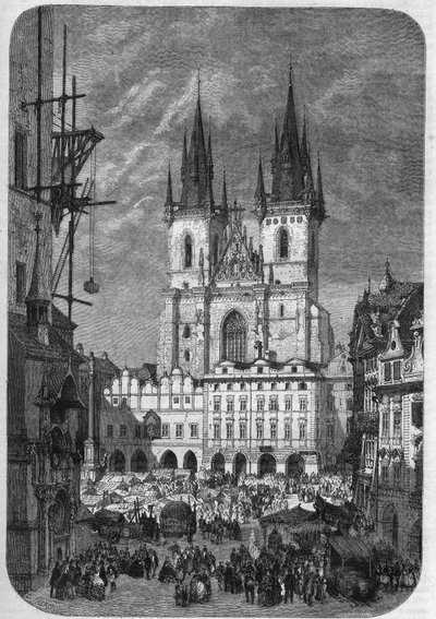 ゴシック建築：プラハの「タインの聖母教会」（Teynkirche）の外観。14世紀後半から16世紀にかけて建設されました。テロンによるエングレーヴィング、"Le Magasin Picturesque "掲載 作： Emile Theodore Therond