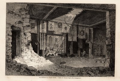 テロンが描いたチベット寺院の内観、ヴィヴィアン・ドゥ・サン・マルタンによる1862年の地理的年表の説明のために。エドゥアール・シャルトン編『世界一周』の図版 作： Emile Theodore Therond