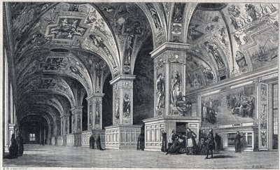 18世紀のヴァチカン図書館の内観。フランソワ・パンニーニの図面からテロンが描いたもの。 作： Emile Theodore Therond