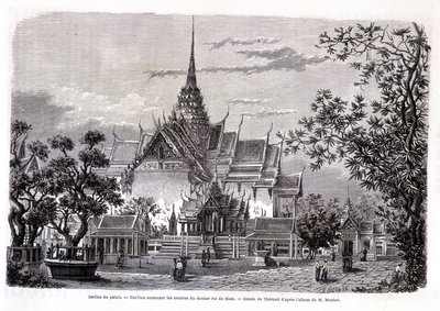 宮殿の庭。シャムの最後の王の遺灰を納めたパビリオン。M. MouhotのアルバムからThérondが描いたもの。"Tour du monde" 作： Emile Theodore Therond