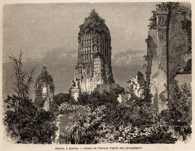 1858年から1861年にかけてアンリ・ムホーが行ったシャム、カンボジア、ラオスの王国を巡る旅を説明するためにテロンが描いた、アジュシア（タイ）のジャングルの植生の中で撮影された遺跡。エドゥアールが編集した "Le tour du monde "に掲載されているエングレーヴィング。 作： Emile Theodore Therond