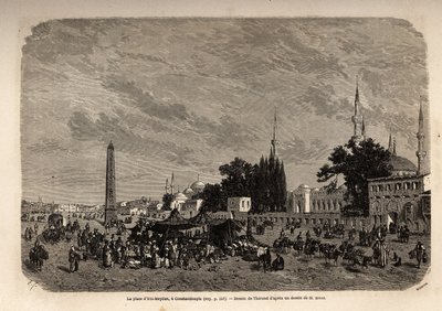 コンスタンティノープル（現在のトルコ、イスタンブール）のエット・メイダンの広場、F.Jerusalemyによる1862年のトルコ女性に関する研究を説明するためにTherondが描いたもの。エドゥアール・シャルトン編集の「世界旅行」に掲載されている図版 作： Emile Theodore Therond