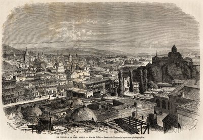 ティフリス（またはトビリシ）の眺め。1858年のモワネ氏の黒海とカスピ海への旅を説明するためにテロンが描いたもの。パリの "Le tour du monde, nouveau journal des voyages "に掲載された版画。 作： Emile Theodore Therond