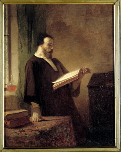 愛書家 本を読んでいる男性。 Emile Vaude (1819-1884) の絵画 19 世紀 トロワ美術館 作： Emile Vaude