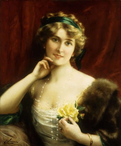 黄色いバラの優雅な女性 作： Emile Vernon