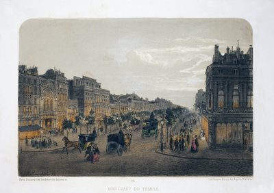 パリ、テンプル大通り。 リトグラフィー水彩画、E.de la Tramblaiz 作イラスト、「アルバム、お土産 de Paris」、Daziaro 編集者、パリ 作： Emile de la Tramblais