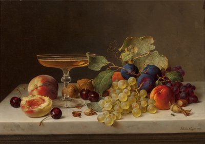 夏の果物とシャンパンのある静物、1875。 作： Emilie Preyer