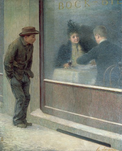 飢えた男または社会的コントラストの反射、1894 作： Emilio Longoni