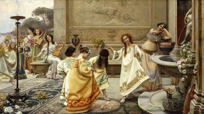 Fontinales：噴水の饗宴; Fontinales：Fete des Fontaines（3つの水平パネル、1つは署名、tに設定されたキャンバスに油彩） 作： Emilio Vasari