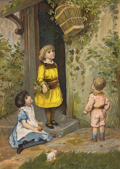 ハンギングバスケットに見入る子供たち（クロモリト） 作： Emily Jane Harding Andrews