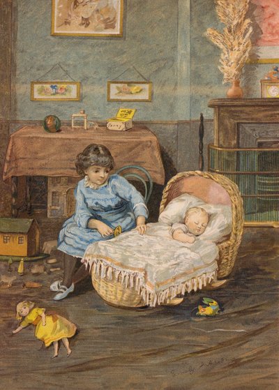 ベビーベッドの赤ちゃんを見守る少女（クロモリト） 作： Emily Jane Harding Andrews