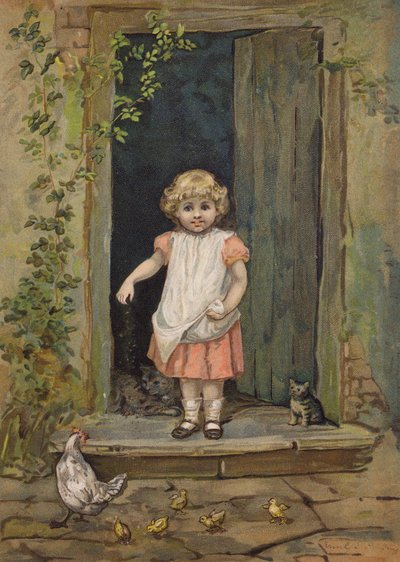 自宅の玄関先で鶏に餌をやる少女（クロモリト） 作： Emily Jane Harding Andrews