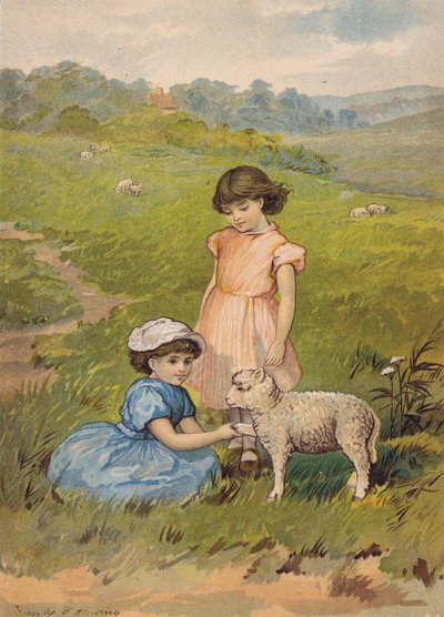 子羊を撫でる2人の少女（クロモリト） 作： Emily Jane Harding Andrews
