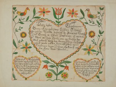 Fraktur - 出生証明書と洗礼証明書 作： Emma M. Krumrine