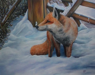 雪の中のキツネ、2021年（キャンバスに油彩） 作： Emma Pewsey