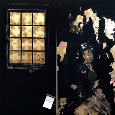 Limbo Diptych、2021年（油彩、アクリル、熱転写プリント、模造金箔） 作： Emma Prempeh