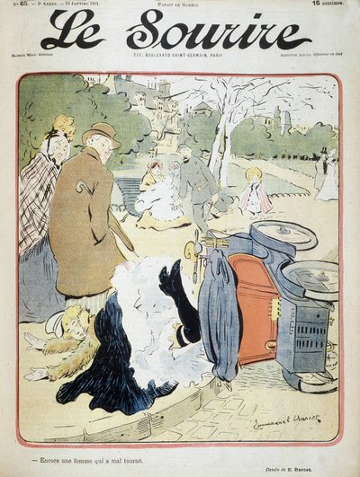 車の事故。"もう一人の間違った女性"エマニュエル・バルセ(1870-1940)によるイラスト - 1901年1月19日付「Le Smile」にて 作： Emmanuel Barcet